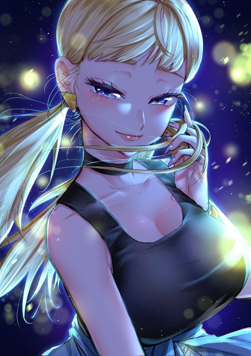 1girls black_choker black_tank_top blonde_hair blue_eyes blue_skirt blush breasts choker cleavage collarbone cover cover_image cover_page dosanko_gal_wa_namara_menkoi earrings female hair_behind_ear highres ikada_kai jewelry large_breasts lens_flare low_twintails manga_cover minami_fuyuki official_art purple_eyes shounen_jump+ skirt smile solo tank_top triangle_earrings twintails upper_body