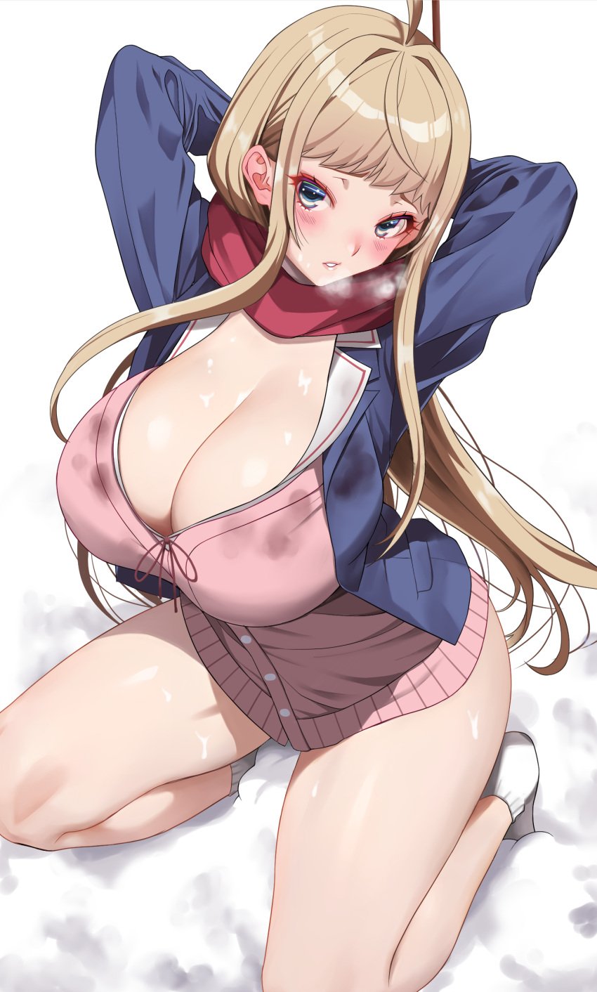 absurdres ahoge akihiro0920 arms_behind_head arms_up asian asian_female blonde_hair blue_jacket blush breasts cardigan cleavage commentary_request dosanko_gal_wa_namara_menkoi female female_only grey_eyes highres jacket large_breasts long_hair looking_at_viewer minami_fuyuki parted_lips pink_cardigan red_scarf scarf shounen_jump+ sidelocks snow socks solo squatting thighs uniform white_socks