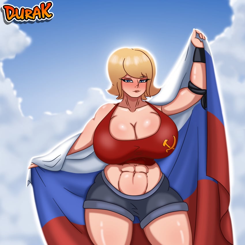 big_breasts blonde_hair blue_eyes durak female female_focus female_only flag muscular muscular_female russian russian_girl solo thick ussr yana_badass yana_zherebtsova