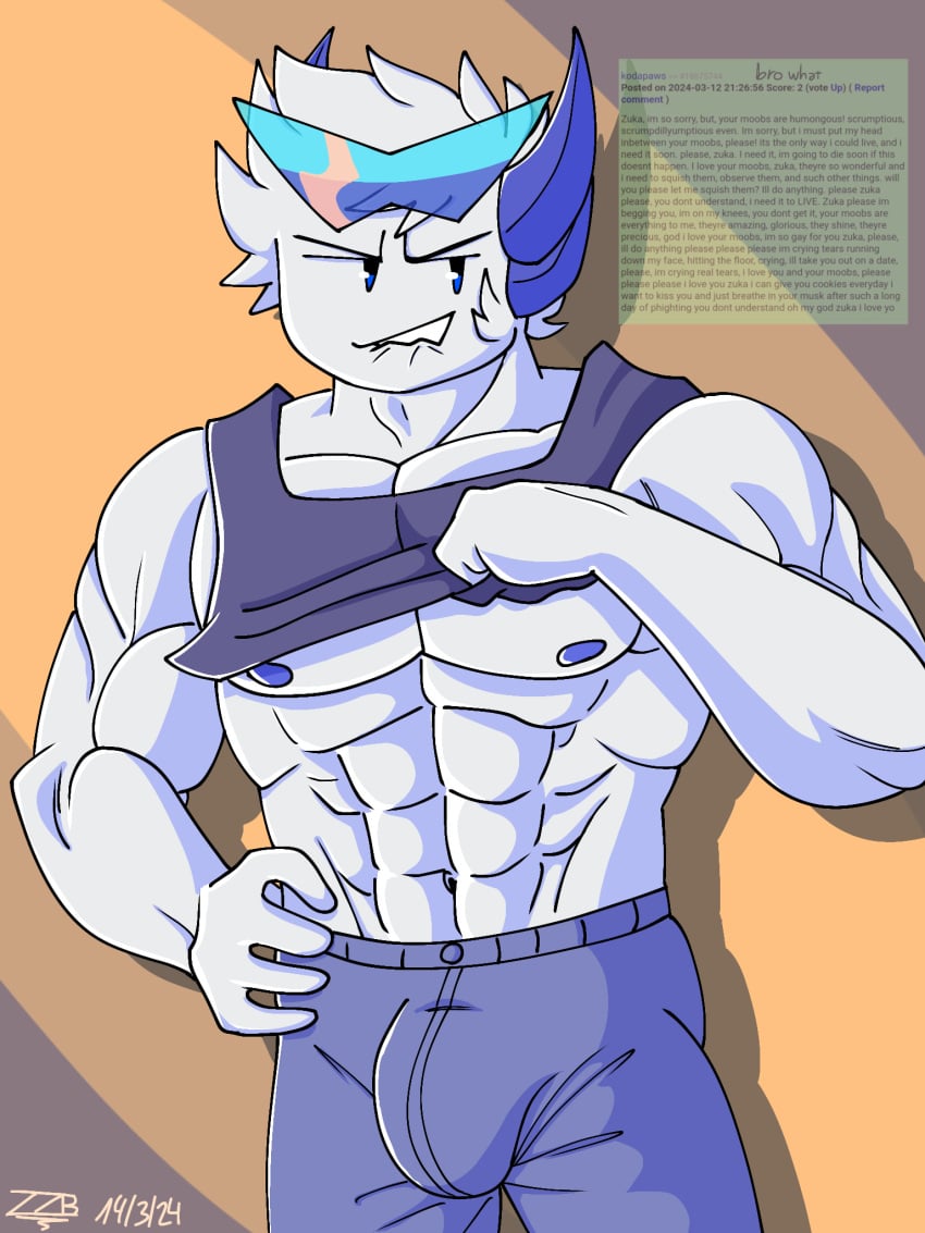 3:4 big_pecs biting_lip biting_own_lip blue_horns bulge kapifunnycat male_only muscles muscular muscular_male phighting roblox roblox_game robloxian simple_background solo tagme zuka_(phighting)