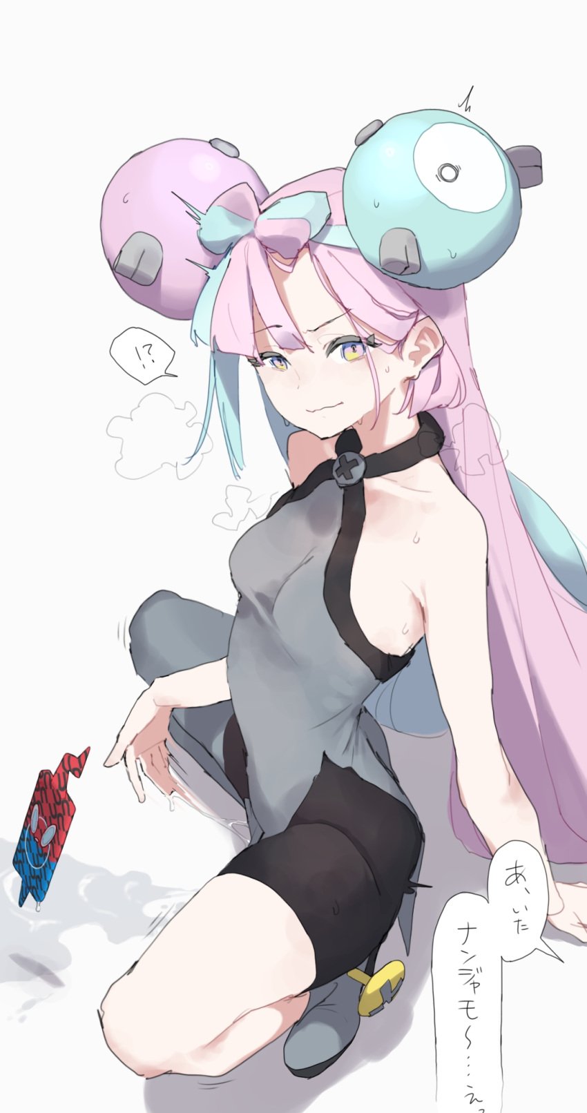 !? ^^^ bike_shorts blue_hair breasts clothing_request double_bun female fingering fingering_through_clothes furrowed_brow hair_bun hand_on_ground highres implied_fingering iono_(pokemon) light_blue_hair long_hair makkurourufu multicolored_hair pink_hair pokemon pokemon_sv pussy_juice raised_eyebrow simple_background sitting sleeveless small_breasts solo_focus spasm speech_bubble spread_legs squirting steaming_body through_clothes translation_request white_background