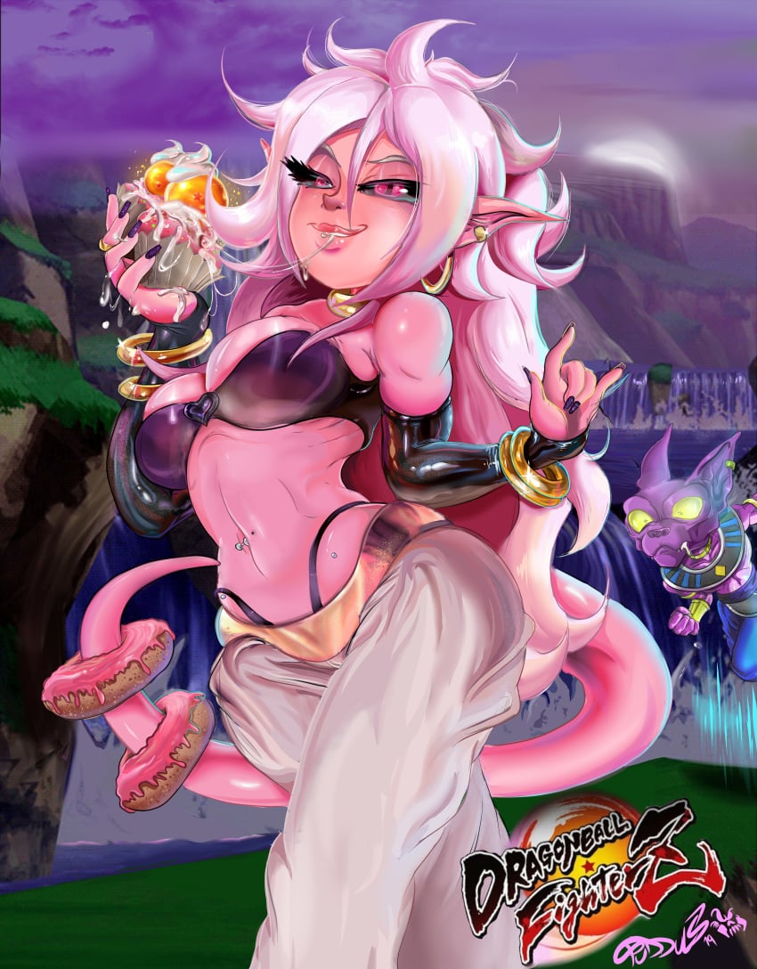 1girls 1male 2010s android_21 beerus black_sclera breasts dark_persona dragon_ball dragon_ball_fighterz dragon_ball_super female humanoid long_hair majin majin_android_21 pink_skin pointy_ears red_eyes tail tudduls white_hair