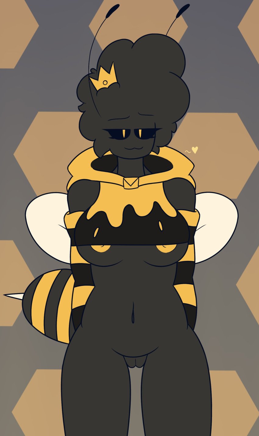 2023 bee_girl bee_humanoid black_body black_hair black_sclera black_skin breasts crown pussy queen_bee_(glewd) stinger tagme underboob wings yellow_areola yellow_eyes