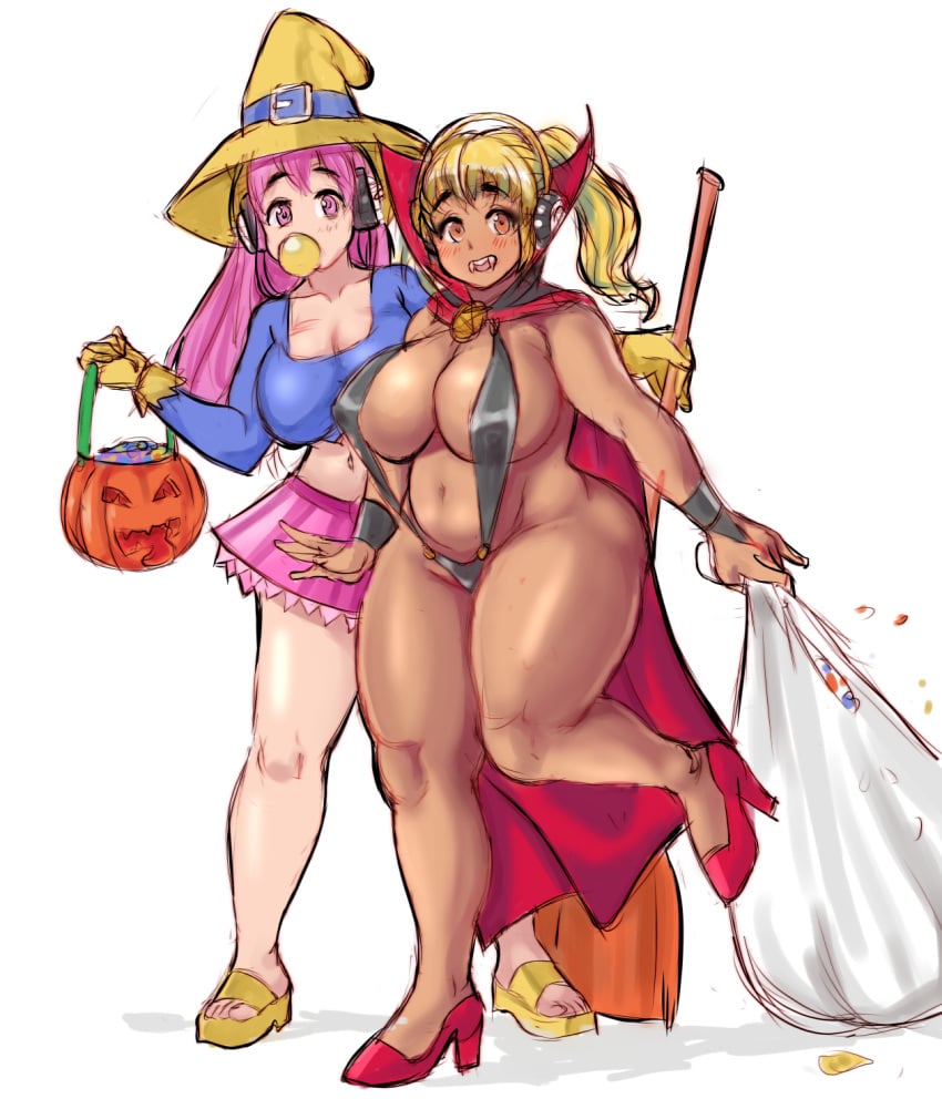 2girls big_ass big_butt blonde_hair blowing_bubblegum candy chubby crop_top halloween_costume headphones high_collar high_heels huge_breasts keigi_(artist) long_hair looking_at_viewer miniskirt pink_hair plump sling_bikini sonico super_pochaco super_sonico super_sonico_(series) tan tanned thick_thighs twintails vampire wide_hips witch