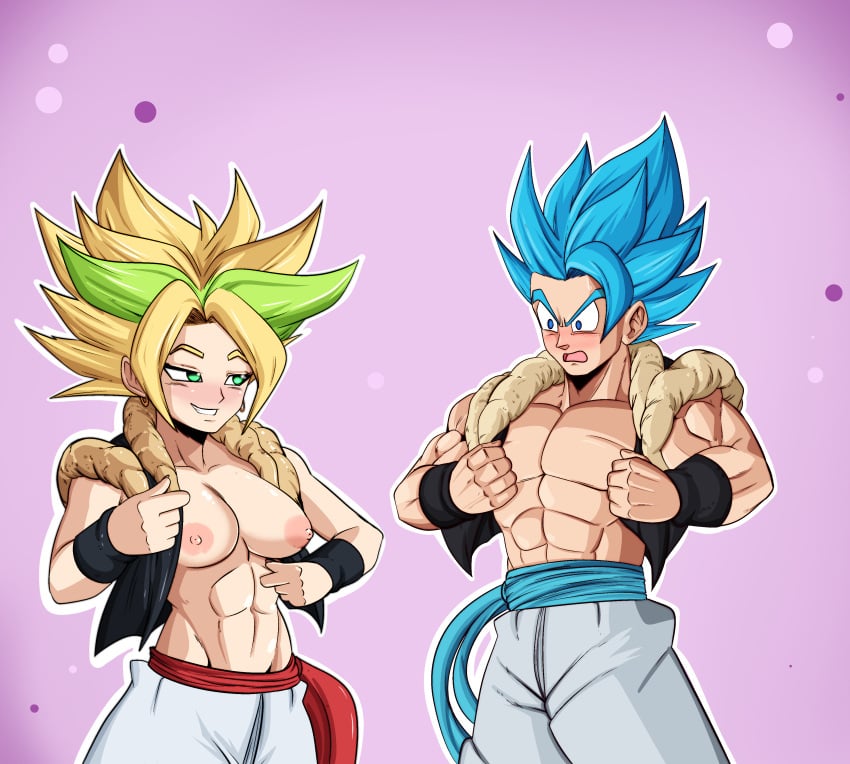 1boy 1girls blush breasts_out caule caulifla decial10 dragon_ball dragon_ball_super female gogeta kale kefla legendary_super_saiyan male pink_nipples pose smirk son_goku super_saiyan super_saiyan_2 super_saiyan_blue vegeta