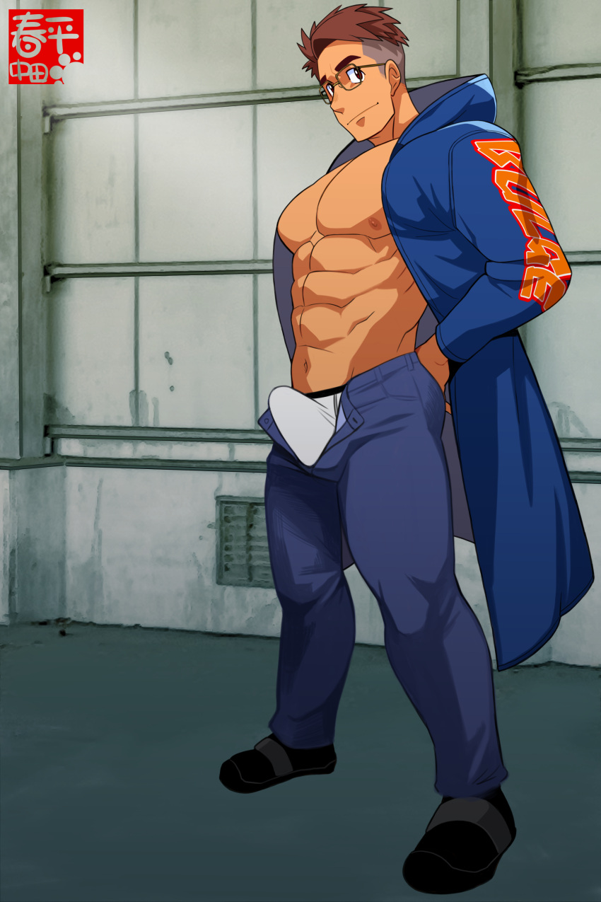 1boy bara bara_tits barazoku briefs bulge clothing erection_under_clothes gay glasses male male_focus male_nipples male_only manly muscular_male nakata nipples penis_outline shunpei_nakata solo solo_male underwear yaoi