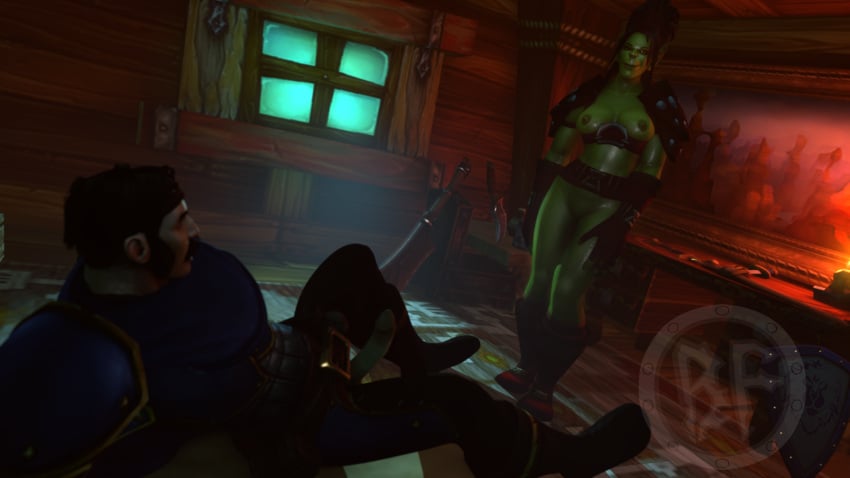 1boy 2022 3d 3d_(artwork) artist_logo black_hair breasts brother_fuzzman dark_room female female_orc green_skin human human_male indoors light-skinned_male light_skin male male/female nipples orc orc_female partially_nude seducing warcraft world_of_warcraft