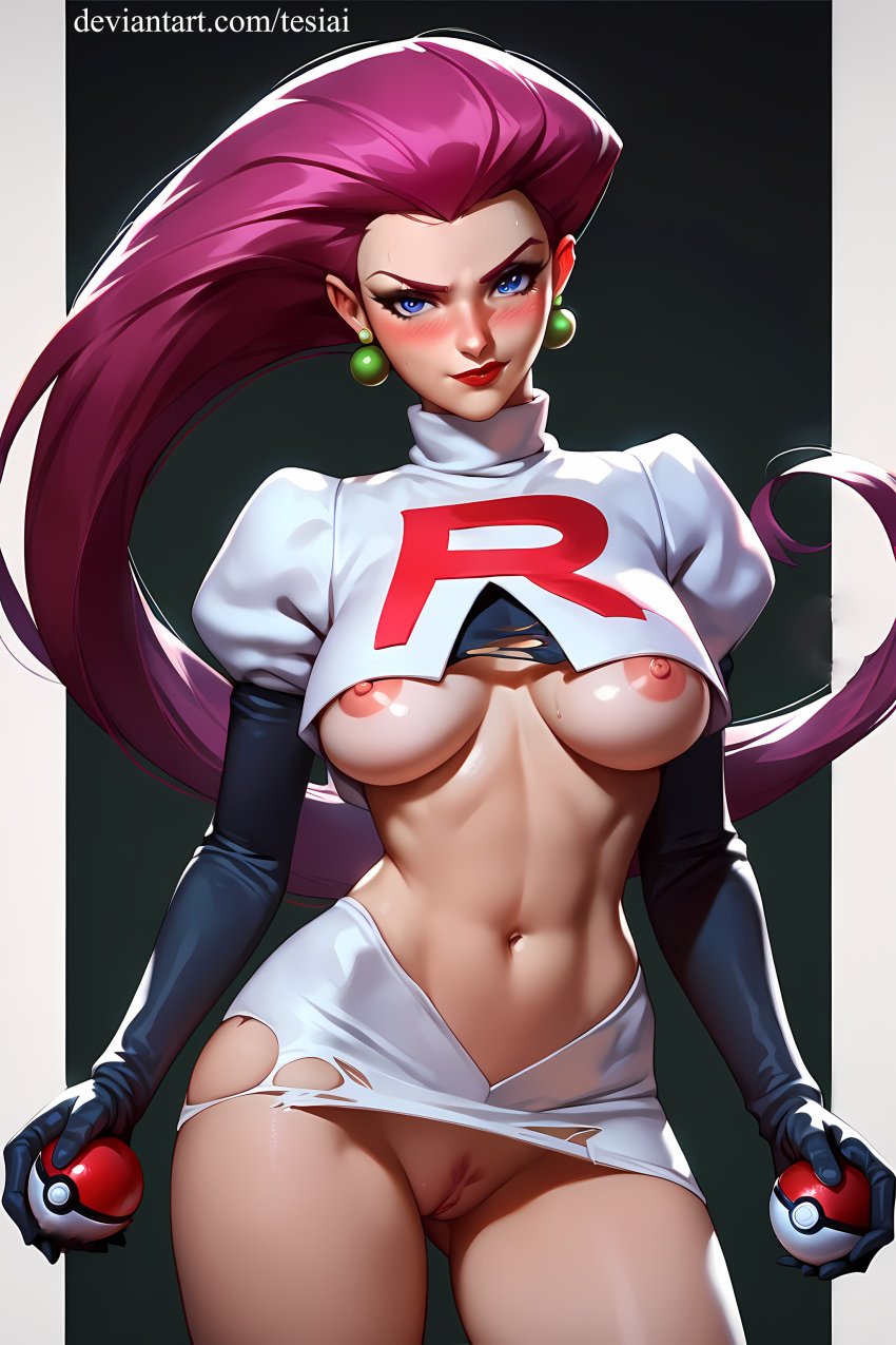 1girls abs ai_generated artist_name blue_eyes blush earrings elbow_gloves exposed_breasts jessie_(pokemon) looking_at_viewer navel nipples pokeballs pokemon pokemon_rgby pubic_hair solo team_rocket tesiai torn_clothes vagina web_address