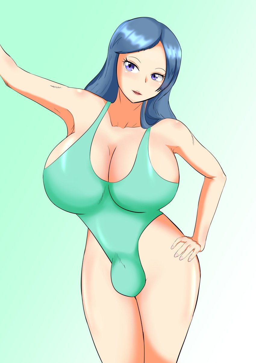 1futa 2024 bambooshoot_(artist) blue_eyes blue_hair breasts bulge bulge_through_clothing clothed color cowboy_shot digital_drawing_(artwork) flaccid futa_only futanari green_swimsuit hand_on_hip huge_breasts human implied_futanari large_breasts light-skinned_futanari light_skin long_hair mostly_clothed one-piece_swimsuit purple_eyes simple_background solo standing swimsuit wide_hips