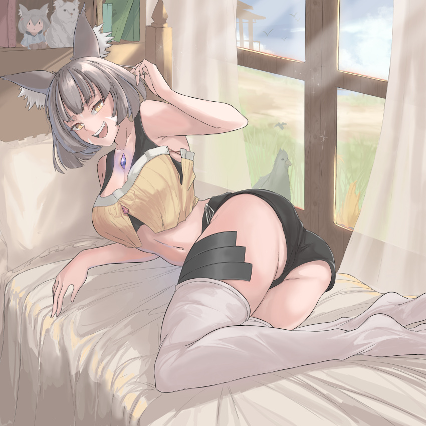 1girls animal_ears ass ass_focus calmgreentori cat_ears catgirl core_crystal female female_only grey_hair indoors looking_at_viewer looking_back nia nia_(blade) nia_(xenoblade) nintendo on_bed short_hair solo thighs xenoblade_(series) xenoblade_chronicles_2 yellow_eyes