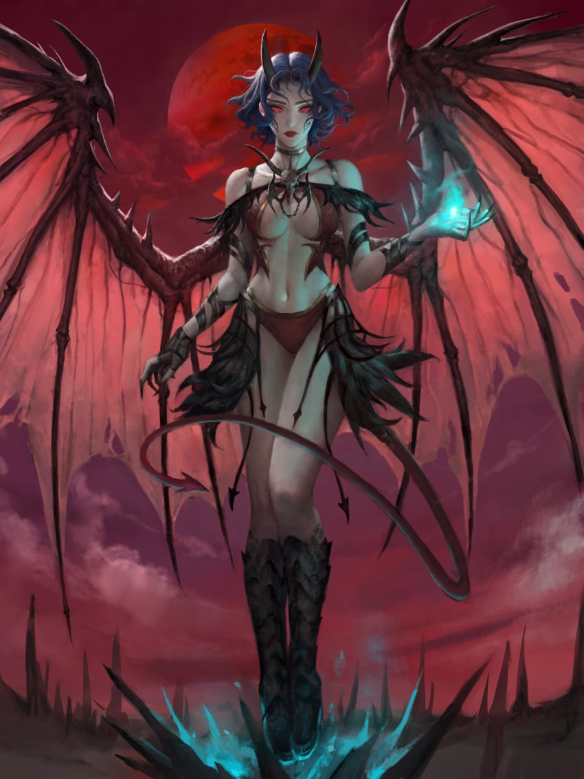 1girls arueshalae bikini blue_hair demon_girl demon_tail demon_wings female horns pathfinder pathfinder_wrath_of_the_righteous red_eyes succubus tail wings