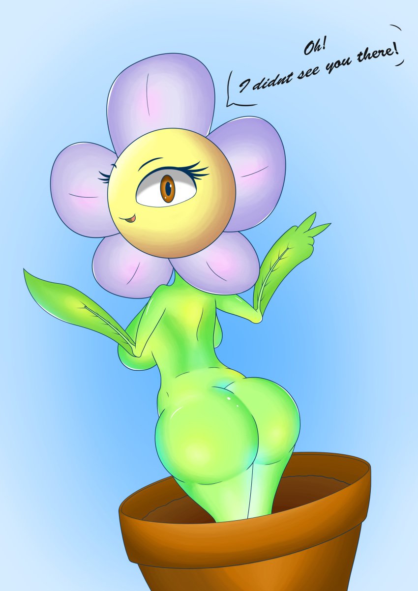 absurd_res anthro ass baku big_eyes breasts dirt elemental_creature fan_character female flora_fauna floriaselle flower hi_res humanoid leaf painting_(artwork) petals plant simple_background solo text traditional_media_(artwork) vase