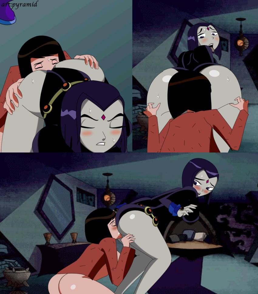 2girls aged_up animated annie_(batman) annie_clayface ass back batman:_the_animated_series batman_(series) blush bob_cut bottomless breasts closed_eyes crossover cunnilingus cunnilingus_through_clothes dat_ass dc dc_comics dcau female_only hands_on_ass head_on_ass huge_ass hugging koriand'r legs leotard lesbian looking_back on_knees oral pussy pyramid_(artist) rachel_roth raven_(dc) rimming rimming_female room shapeshifter squat starfire sweating teen_titans the_new_batman_adventures yuri