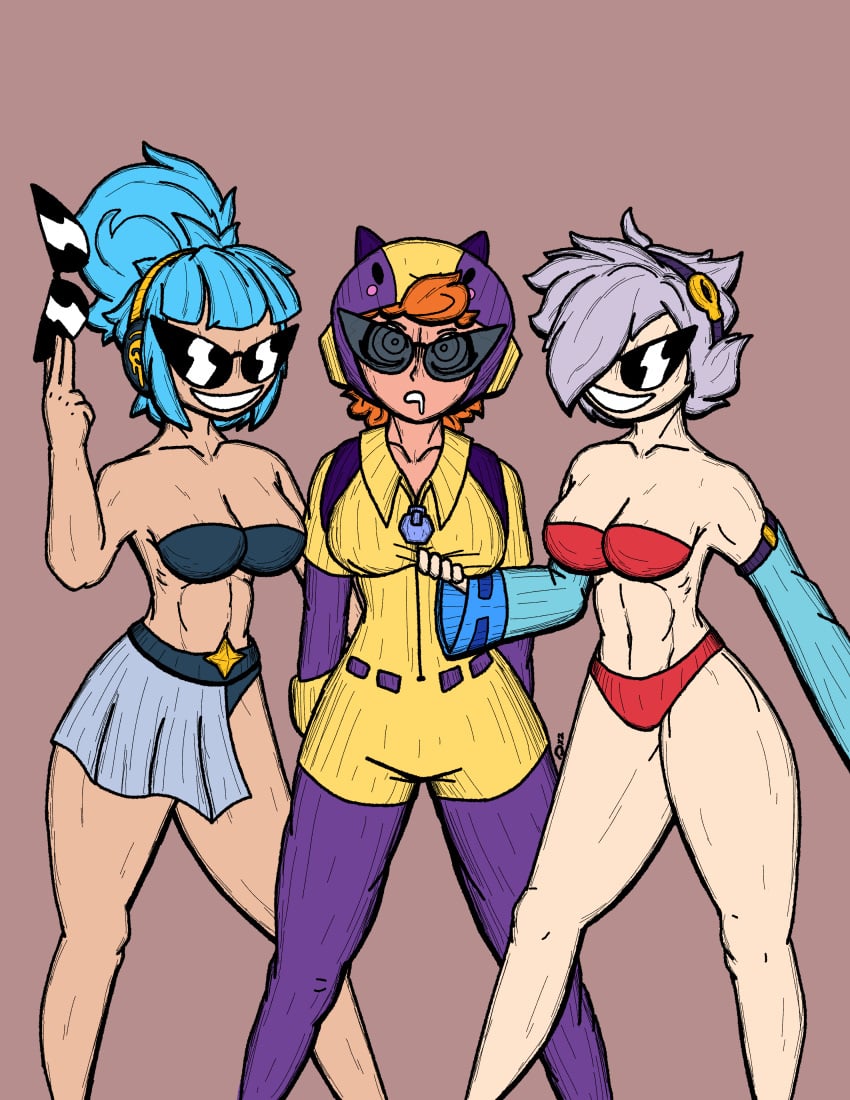 3girls bea_(brawl_stars) blue_hair brawl_stars breasts colette_(brawl_stars) corruption denzeldukito dollification female female_only femsub hypnotic_accessory hypnotized_hypnotist janet_(brawl_stars) knick_knack multiple_girls multiple_subs orange_hair popstar_janet resisting spiral_eyes sunglasses sunnification sunny_miami symbol_in_eyes tagme tinted_eyewear transformation white_hair