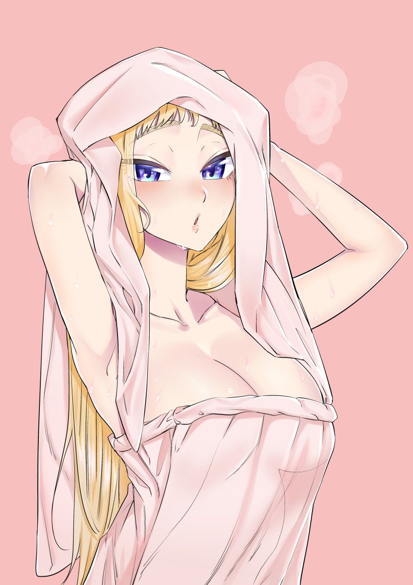 1girls :o absurdres blonde_hair blue_eyes blush breasts cleavage dosanko_gal_wa_namara_menkoi drying drying_hair highres ikada_kai large_breasts looking_at_viewer minami_fuyuki naked_towel official_art open_mouth pink_background purple_eyes shounen_jump+ solo towel