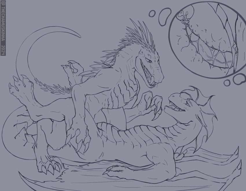 absurd_res anthro bodily_fluids chamuskinha cum cum_inside dinosaur dragon duo ejaculation female feral genital_fluids hi_res line_art male male/female mythological_creature mythological_scalie mythology nippleless pregnant reptile scalie