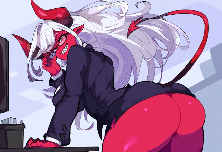 ai_generated ass big_ass demon demon_girl female glasses grin large_breasts monster nephel novelai office office_lady original sharp_teeth