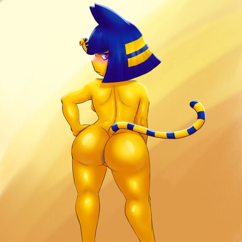 animal_crossing ankha ass big_ass blue_hair butt_crack darkafterdark feline humanoid looking_at_viewer looking_back shortstack simple_background tail yellow_fur