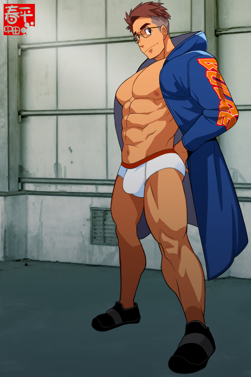 1boy bara bara_tits barazoku briefs bulge clothing erection_under_clothes gay glasses male male_focus male_nipples male_only manly muscular_male nakata nipples penis_outline shunpei_nakata solo solo_male underwear yaoi