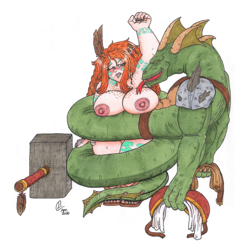 breasts captured caught chubby danger drawing dwarf dwarf_(warcraft) dwarf_female fat freckles ginger hammer large_breasts monster naga naked naughty nipples peril plump prisoner red_hair telsei_warhammer thick thick_thighs traditional world_of_warcraft wow