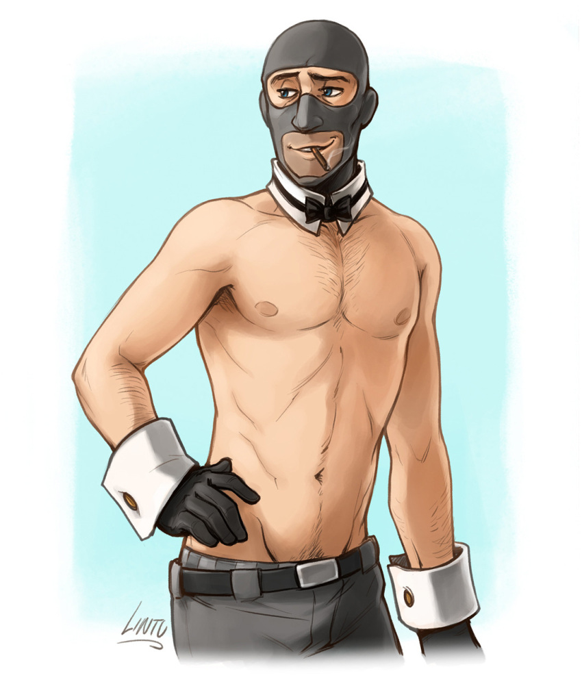 1boy balaclava bowtie cigarette cigarette_in_mouth cuffs cuffs_(clothing) gloves hand_on_hip lintufriikki male_focus male_only pinup shirtless skinny_male solo solo_male spy_(team_fortress_2) suggestive team_fortress_2