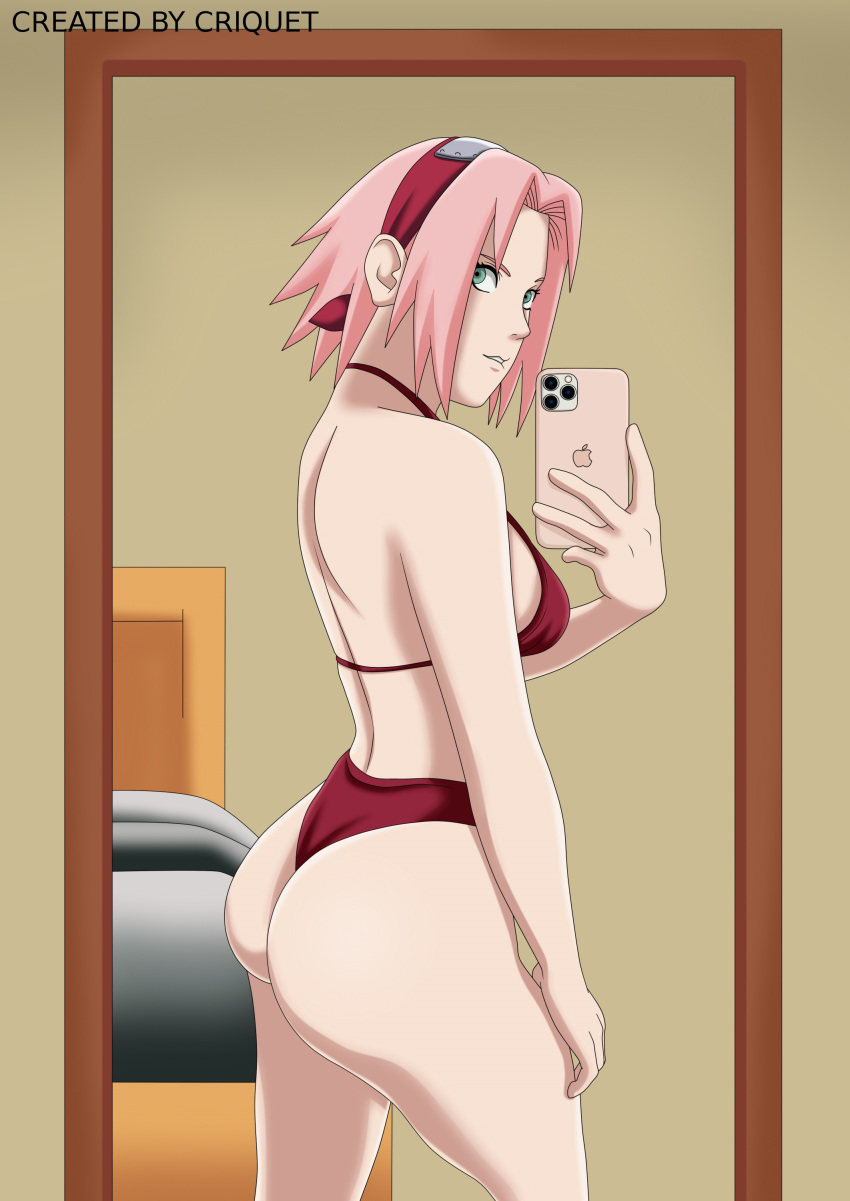 ass big_butt criquet female female_only green_eyes iphone naruto naruto_(series) naruto_shippuden phone photo pink_hair sakura_haruno short_hair swimsuit