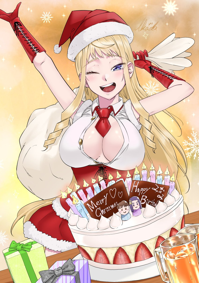 1girls absurdres blonde_hair blue_eyes box breasts cake christmas cleavage dosanko_gal_wa_namara_menkoi female food gift gift_box highres huge_filesize ikada_kai large_breasts looking_at_viewer minami_fuyuki nib_pen_(medium) official_art one_eye_closed open_clothes open_shirt sayuri_akino short_necktie shounen_jump+ solo traditional_media tsubasa_shiki