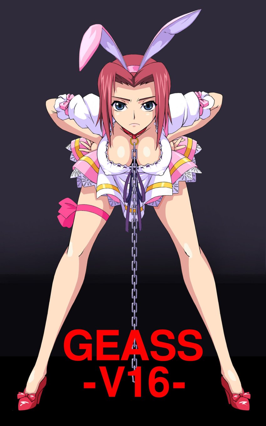 akira_(viper)_(cosplay) animal_ears anna_miller apron blue_eyes blush breasts breasts_apart chains code_geass collar cosplay fake_animal_ears female hanging_breasts high_heels highres kallen_stadtfeld kouzuki_kallen large_breasts muimui parody rabbit_ears red_hair short_hair skirt solo viper_(series) viper_v16 waitress