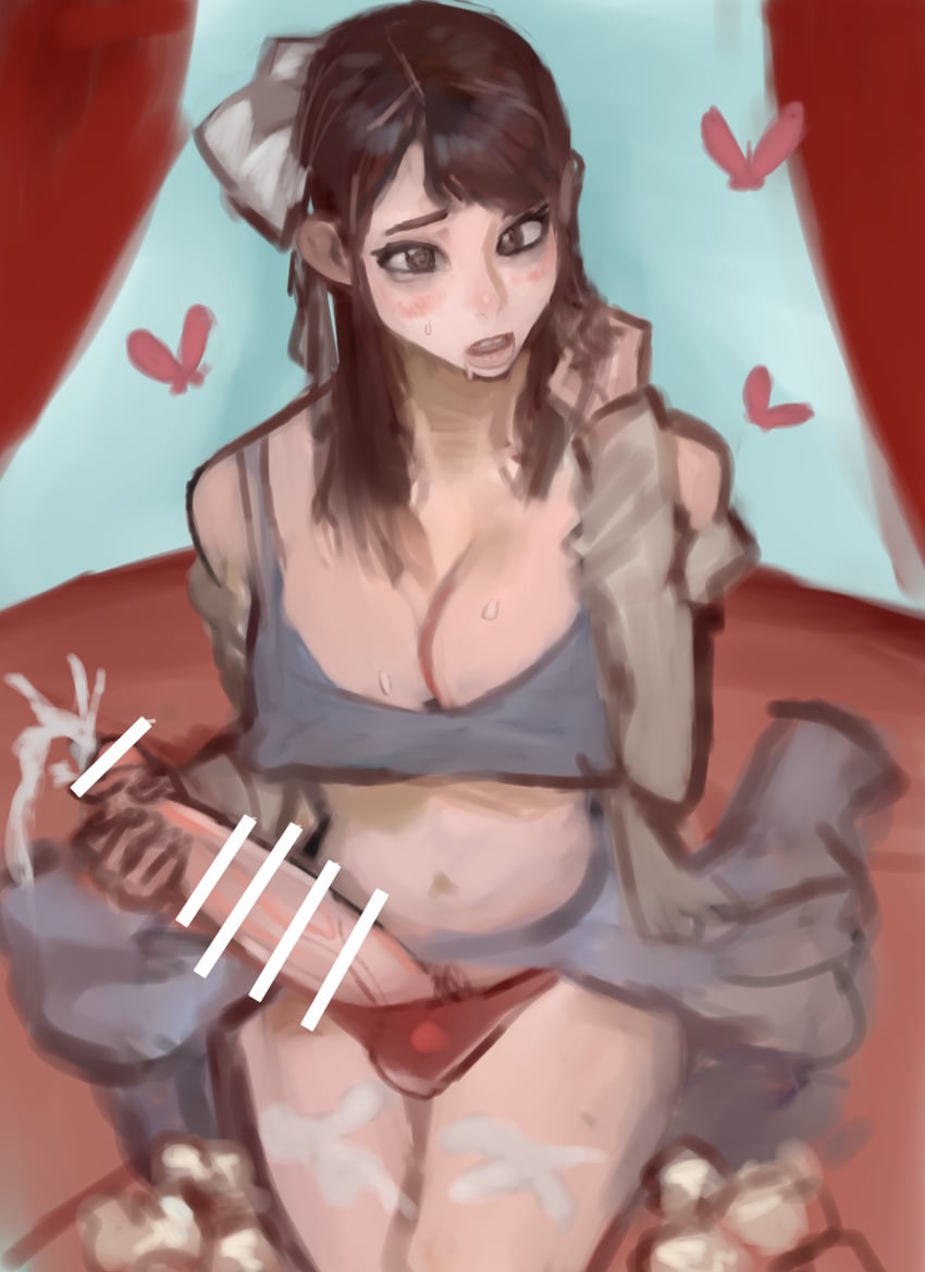 1futa blush breasts brown_hair cross_eyed crosseyed cum cum_on_penis cum_on_thighs cumdrip dickgirl drooling ejaculation erection futanari futasub hearts_around_head kmaro large_breasts large_penis masturbating masturbation original_character penis semen wholesome