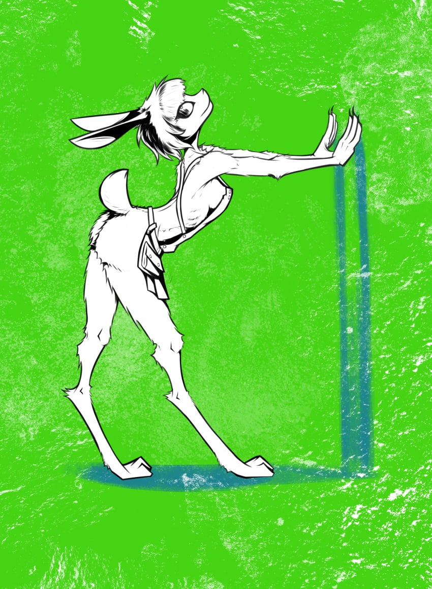 2023 abstract_background absurd_res anne_speck anthro apron apron_only ass clothing digitigrade female fluffy gatonejo green_background hair hands_on_wall hi_res lagomorph leporid looking_at_viewer mammal mostly_nude presenting presenting_hindquarters pupils rabbit short_hair short_tail simple_background slim smile solo standing tail unusual_pupils white_body