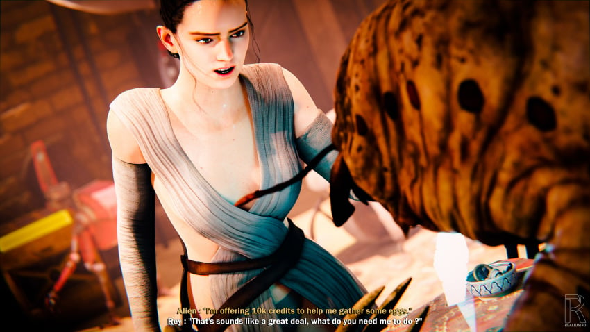 1girls 3d alien armwear blender bog_rat monster no_bra panties realium3d revealing_clothes rey star_wars sweat sweating tagme