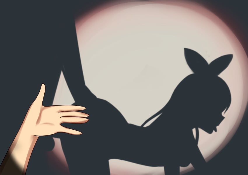 1boy absurdres different_shadow doggy_style english_commentary female fox_shadow_puppet from_side hair_ribbon highres hololive_shadow_puppet_(meme) long_hair meme nijisanji nijisanji_en pomu_rainpuff pov pov_hands ribbon sex silhouette silhouette_sex spotlight tongue tongue_out virtual_youtuber xanadu_avici