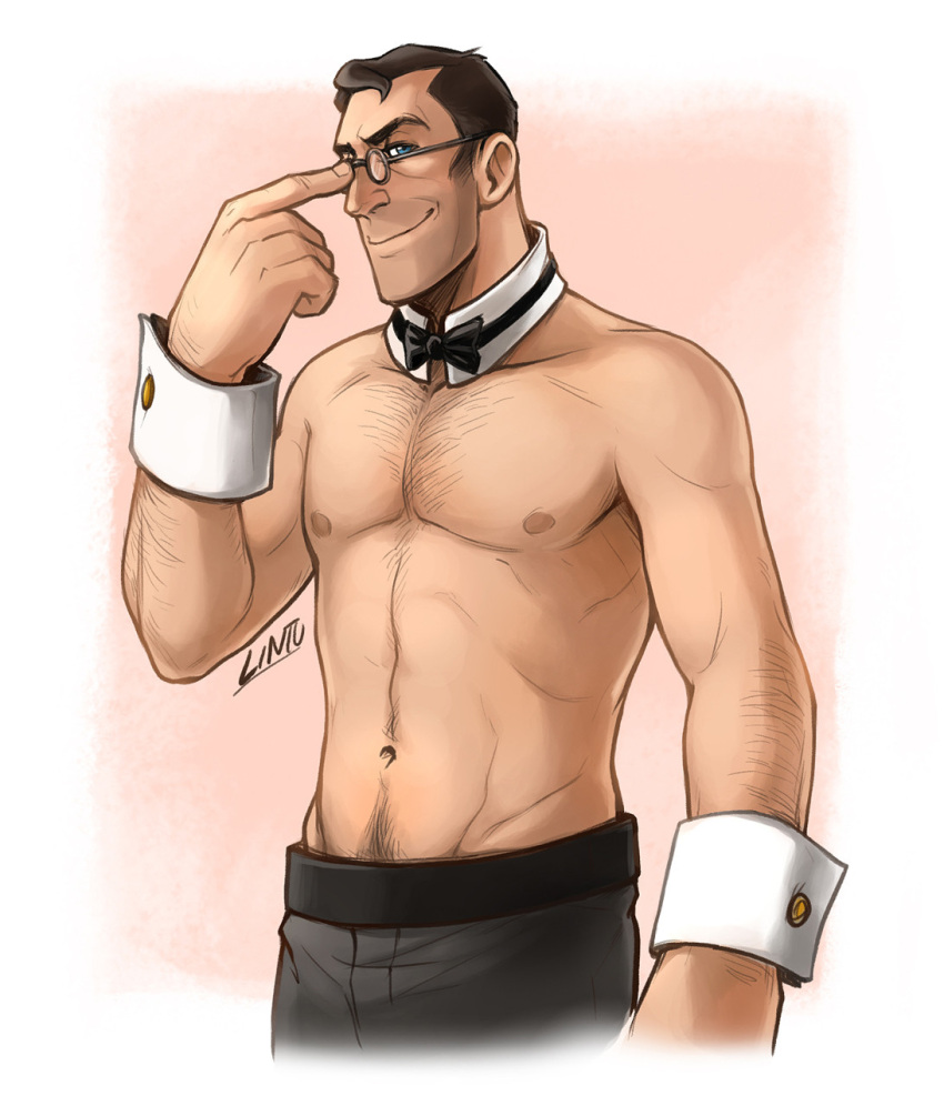 blush bowtie cuffs cuffs_(clothing) glasses hairy_chest hairy_male lintufriikki male_focus male_only medic_(team_fortress_2) pinup shirtless solo_male suggestive team_fortress_2