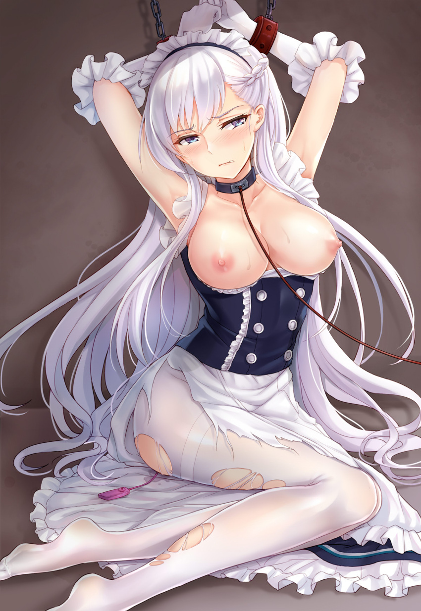 azur_lane belfast_(azur_lane) bondage breasts femsub high_resolution maid nipples no_bra open_clothes open_shirt pantyhose see-through sex_toy skirt skirt_lift torn_clothes vaginal_juices vibrator yuemanhuaikong