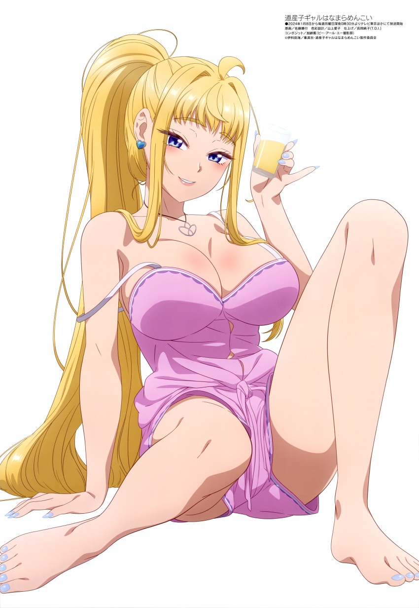 absurdres alcohol alcoholic_drink blonde_hair blue_eyes breasts cleavage dosanko_gal_wa_namara_menkoi drink drunk earrings female gyaru heart heart_earrings highres jewelry large_breasts long_hair looking_at_viewer magazine_scan megami_magazine minami_fuyuki nail_polish necklace official_art pajamas pink_pajamas ponytail scan shounen_jump+ simple_background smile strap_slip thighs toenails white_background