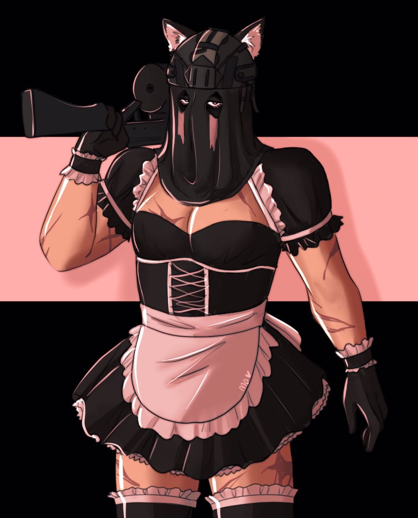 1boy call_of_duty call_of_duty_modern_warfare_2_(2022) cat_ears crossdressing feminization gay gun könig konig maid_outfit maid_uniform manly_crossdresser marndraws masked masked_male pinup sniper_veil solo_focus solo_male stockings stockings_thigh_highs