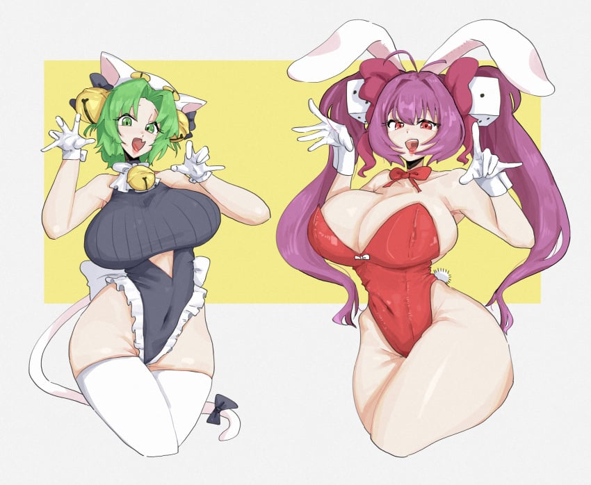 2girls adapted_costume ahoge animal_ears armpits arms_up back_bow back_ribbon bangs bell_collar bells big_breasts bob_cut bow bow_on_tail bowtie breasts bunny_ears bunny_girl bunny_tail bunnysuit cat_ears cat_ears_hairband cat_girl cat_tail catgirl collar curvy dejiko di_gi_charat dice dice_hair_ornament duo fang female frilled_leotard frills gloves green_eyes green_hair hair_accessory hair_bow hair_ornament hair_ribbon highleg hip_bones huge_breasts human humanoid large_breasts leebongchun leotard light-skinned_female light_skin long_hair looking_at_viewer multiple_girls one-piece open_mouth princess purple_hair rabbit_ears rabbit_tail red_eyes short_hair sidelocks skin_fang tail_bow teeth thick_thighs thigh_squish thighhighs thighs twintails twintails_(hairstyle) usada_hikaru voluptuous wide_hips