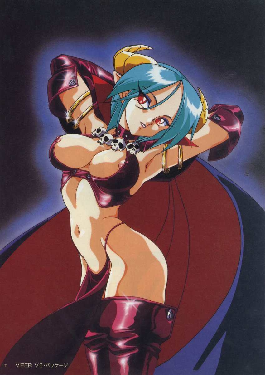 1girls 90s arched_back areola_slip areolae armpits arms_behind_head arms_up aura bare_shoulders black_background boots breasts cape carrera cleavage clothing collar demon_girl demon_horns elbow_gloves erect_nipples erect_nipples_under_clothes eyebrows_visible_through_hair eyes_visible_through_hair eyeshadow female female_only gloves green_hair highleg highres horns large_breasts lipstick loincloth long_ears makeup medium_breasts midriff monster_girl navel nipple_bulge nipple_slip nipples non-web_source official_art parted_lips pelvic_curtain pointy_ears purple_clothing purple_gloves purple_lipstick purple_thighhighs red_eyes revealing_clothes ring sasaki_masakatsu scan short_hair shoulder_pads simple_background skull skull_necklace smile sogna solo stockings succubus succubus_horns teeth thick_thighs thighhighs thighs thong viper_(series) viper_v6