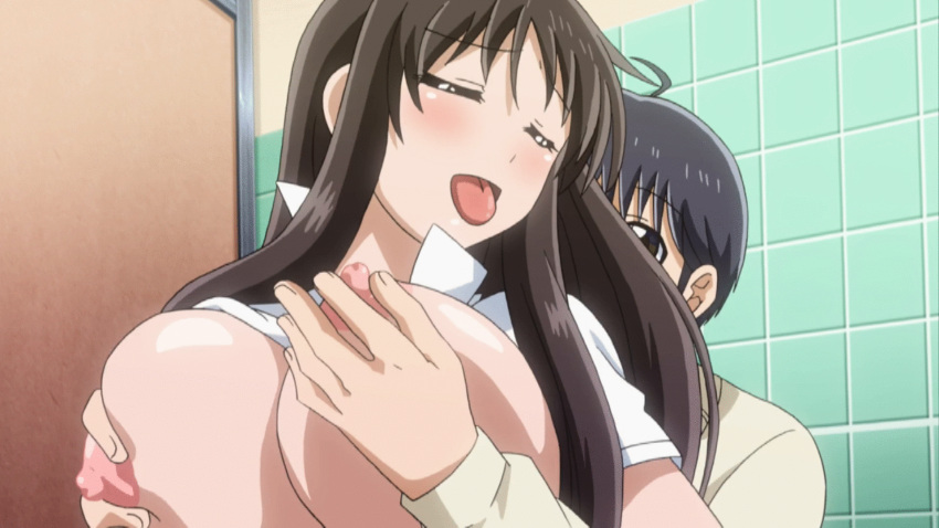 1boy 1girls animated areolae breast_hold breasts breasts_out erect_nipples inori_amano large_breasts looping_animation mou_hasama_zu_ni_ha_ira_renai mou_hasamazu_ni_wa_irarenai nipples oppai pashmina screencap