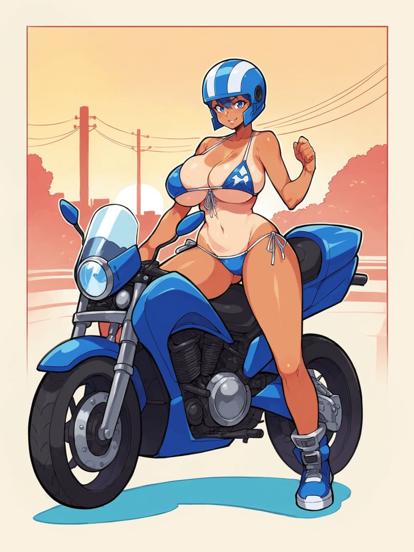 ai_generated biker biker_girl bikini breasts cleavage colorful flat_background helmet huge_breasts jorgecarlosai motorbike motorcycle simple_background tan_body tan_lines tanlines thick thick_legs thick_thighs wide_hips