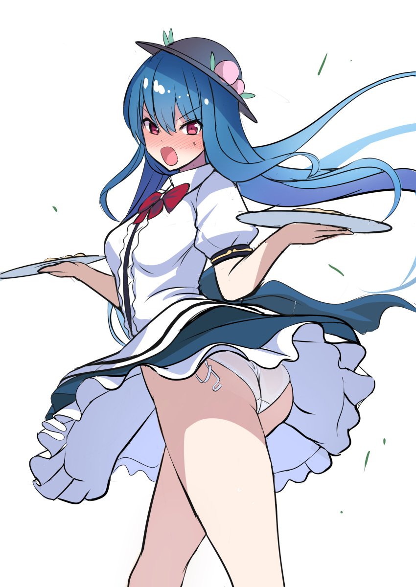 :o absurdres amisu arms_up ass black_headwear blue_hair blue_skirt blush breasts center_frills clothes_lift commentary_request dot_nose dress embarrassed eyelashes feet_out_of_frame female frilled_skirt frills fruit_hat_ornament highres hinanawi_tenshi holding holding_plate large_breasts long_hair looking_at_viewer nose_blush one-hour_drawing_challenge open_mouth panties peach_hat_ornament plate puffy_short_sleeves puffy_sleeves red_eyes red_neckwear red_ribbon ribbon shirt short_sleeves simple_background skirt skirt_lift solo standing sweatdrop tenshi_hinanawi thighs touhou underwear v-shaped_eyebrows white_background white_panties white_shirt wind wind_lift wing_collar