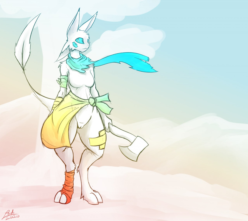 4_ears anthro avali axe band-aid bandage bandaged_arm breasts clothed clothing female genitals lodi melee_weapon mountain multi_ear partially_clothed pussy raised_tail restricted_palette scarf sketch small_breasts solo standing thick_thighs tree weapon wind