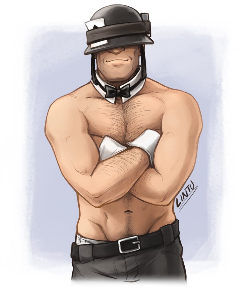 bowtie cuffs cuffs_(clothing) hairy_male helmet hip_bones light-skinned_male lintufriikki male_focus male_only muscular_male pants_down pinup shirtless soldier_(team_fortress_2) solo_male suggestive team_fortress_2