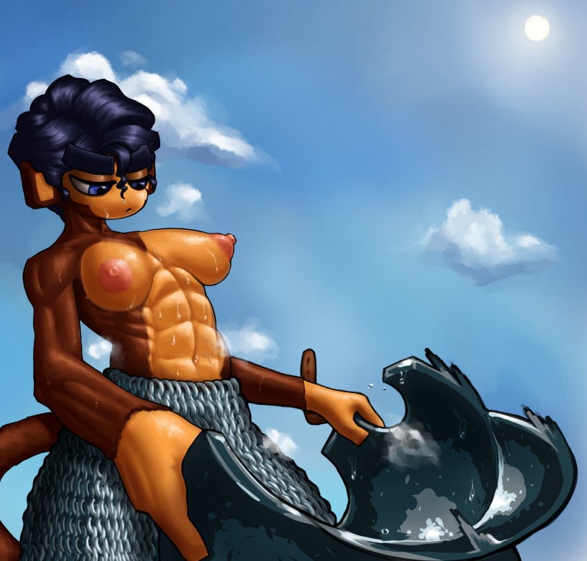 abs anthro areola armor big_breasts black_hair bloons_tower_defense blue_eyes bodily_fluids bored_expression breastplate breasts chainmail clothing fan_character female flor_(placid_lurker) hair haplorhine hi_res leaning leaning_forward mammal monkey monkey_girl muscular muscular_female ninja_kiwi outside placid_lurker primate puffy_areola short_hair solo steam sweat undressing wavy_hair