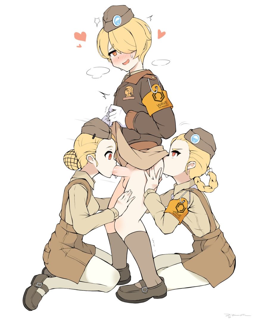 3girls anilingus blonde_hair blue_plate_special blush braid fellatio futa_with_female futanari garrison_cap girls'_frontline hair_bun hair_net hair_over_one_eye hat highres kim_da-yoon kneeling m2_(girls'_frontline) military military_hat military_uniform multiple_girls necktie open_mouth oral penis philipposter red_eyes short_hair skirt socks teamwork uniform