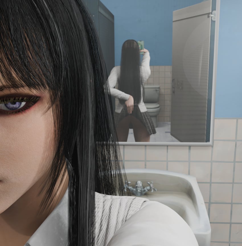 3d 3d_(artwork) ass ass_focus black_hair clothed ddddd_ female goth huge_ass mirror mirror_reflection mirror_selfie panties phone pulling_up_skirt solo solo_female thick