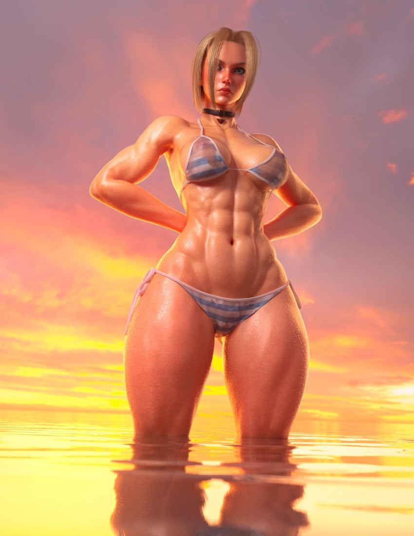 1girls 3d 3d_(artwork) abs athletic_female biceps bikini blonde_hair breasts cammy_white choker defined_muscles female female_focus female_only fit_female hands_behind_back hi_res high_resolution highres large_breasts muscular_female nipples nipples_visible_through_clothing see-through simple_background solo solo_female solo_focus street_fighter striped_bikini sunset thick_thighs thighs vool water wide_hips