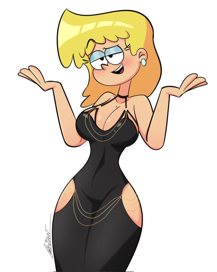 autart big_breasts black_dress blonde_female blonde_hair cartoon dress lori_loud modakawa_dress the_loud_house thick_thighs voluptuous_female white_background white_body white_skin yellow_hair