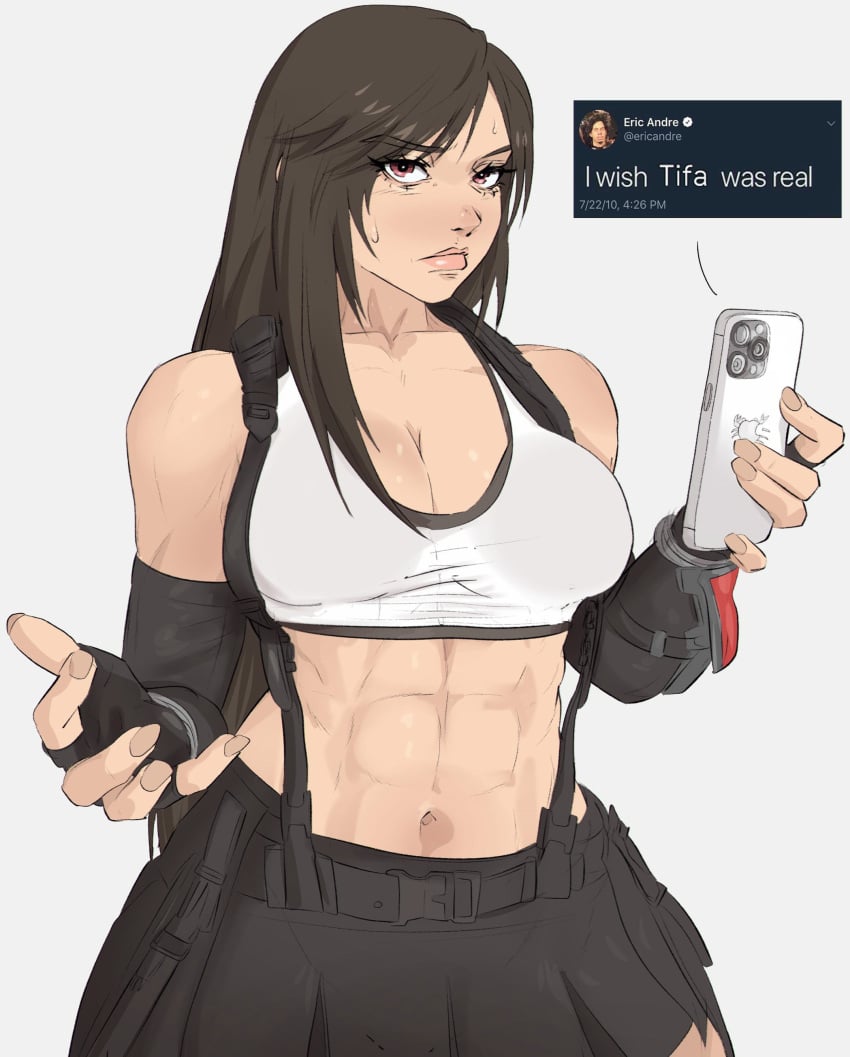 1girls abs asian asian_female black_hair bra crop_top eyeliner female female female_focus female_only final_fantasy final_fantasy_vii looking_at_viewer midriff muscular muscular_female pout pouty_lips skirt square_enix tifa_lockhart yoracrab