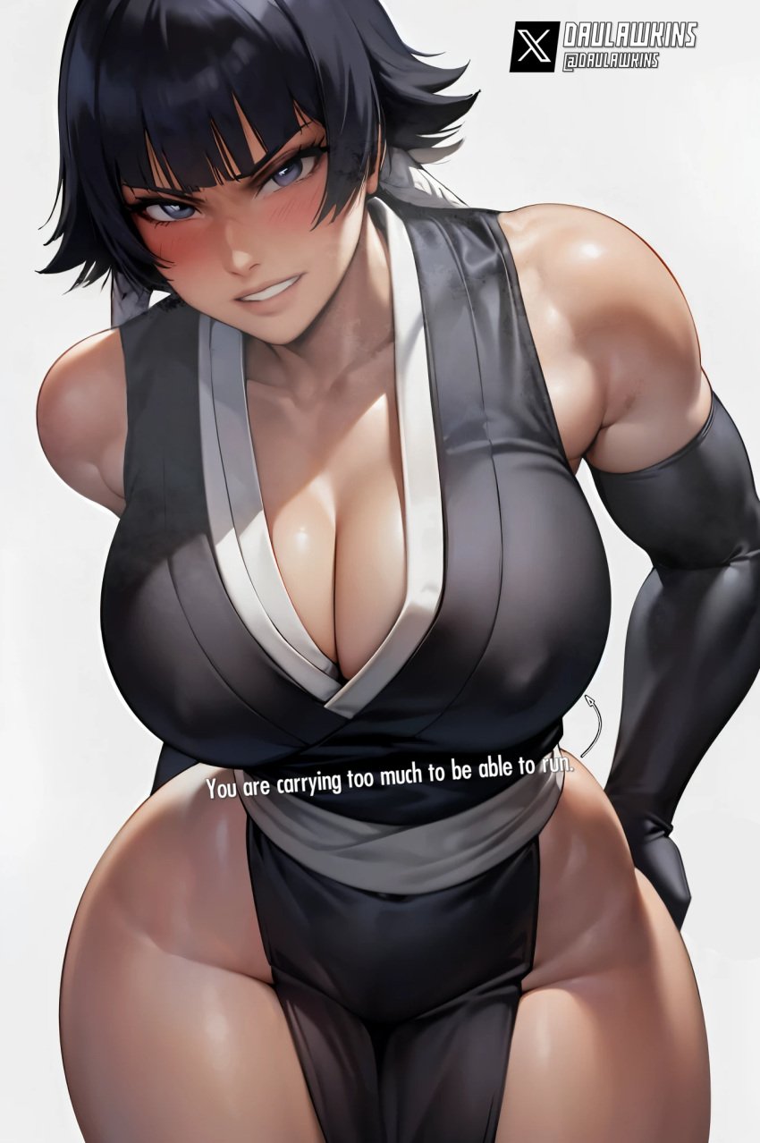 1girls ai_generated big_breasts black_hair bleach bleach:_the_thousand-year_blood_war blue_eyes cleavage daulawkins elbow_gloves hand_on_hip heavy_breathing japanese_clothes large_breasts leaning_forward looking_at_viewer meme nipple_bulge parted_lips short_hair soifon solo stable_diffusion standing steam thick_thighs thighs wide_hips